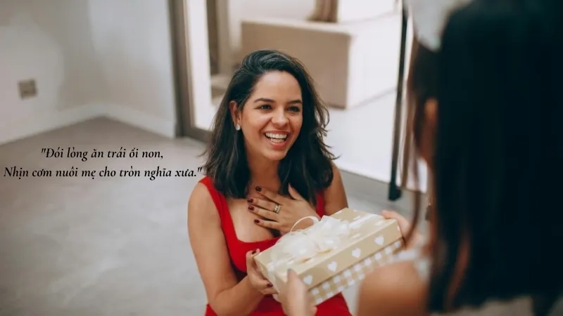 Đói lòng ăn trái ổi non, Nhịn cơm nuôi mẹ cho tròn nghĩa xưa.