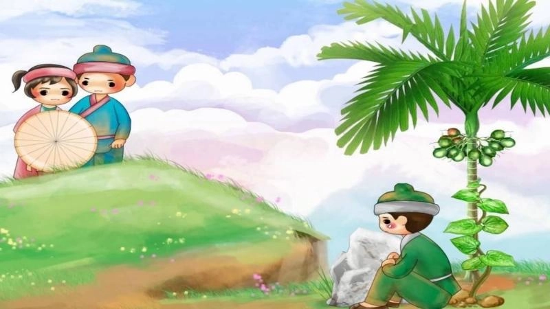Tranh minh họa nội dung tóm tắt truyện sự tích trầu cau với ba nhân vật chính
