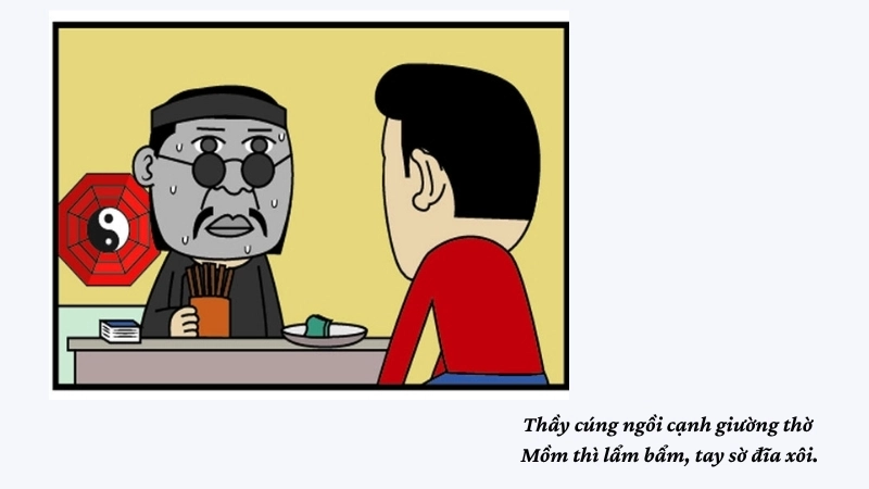 Thầy cúng ngồi cạnh giường thờ Mồm thì lẩm bẩm, tay sờ đĩa xôi